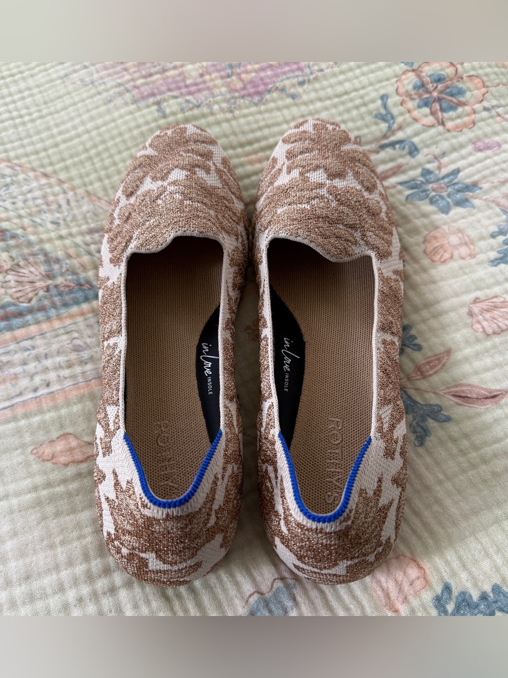 Rothy’s Gold Chantilly Lounge Loafer Metallic Floral Knit Size 12.5 - Picture 7 of 11
